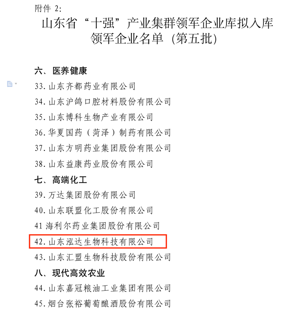 泓达生物入选山东省“十强”产业集群领军企业